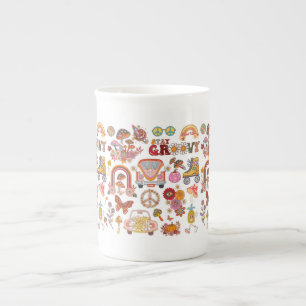 Retro colourful boho flowers groovy floral design bone china mug