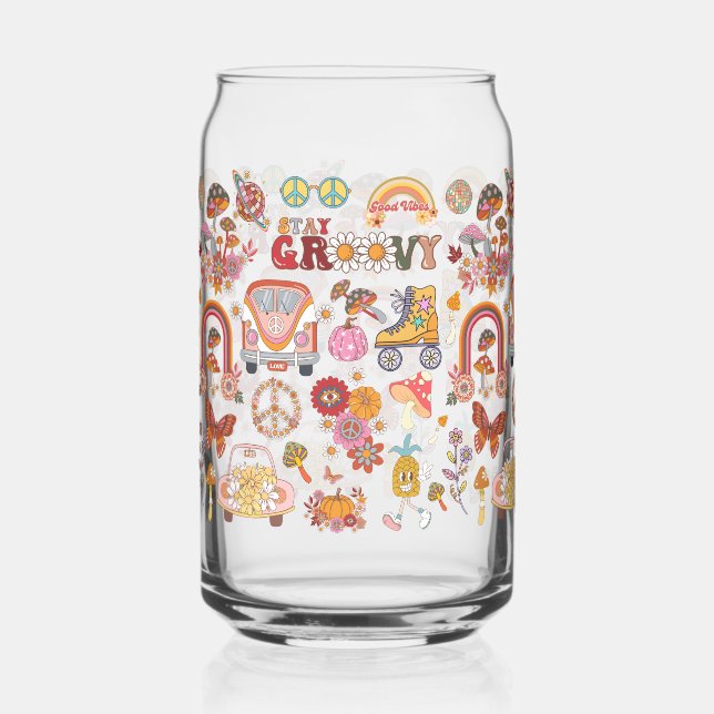 Retro colourful boho flowers groovy floral design can glass (Front)