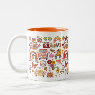 Retro colourful boho flowers groovy floral design Two-Tone coffee mug