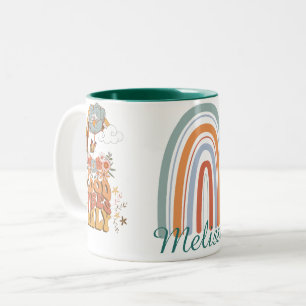 Retro colourful boho flowers groovy floral rainbow Two-Tone coffee mug