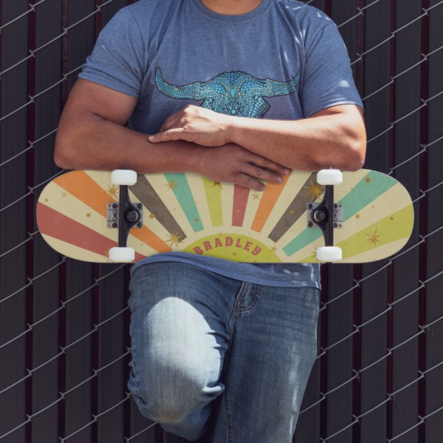 Retro Colourful Burst Star Personalised Name Custo Skateboard (Outdoor 3)