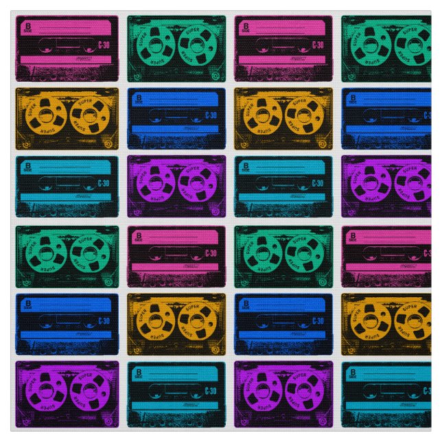Retro Colourful Cassette Tapes Fabric (Swatch)