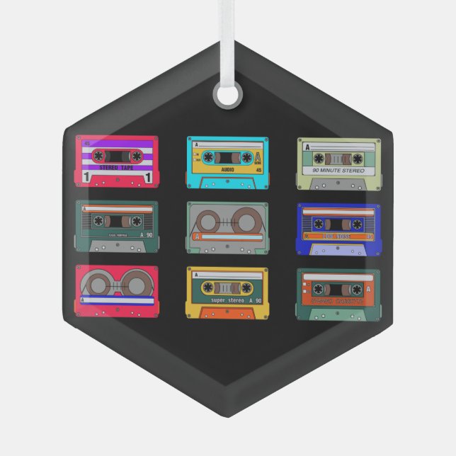 Retro Colourful Cassettes 80's Nostalgia Glass Tree Decoration (Front)