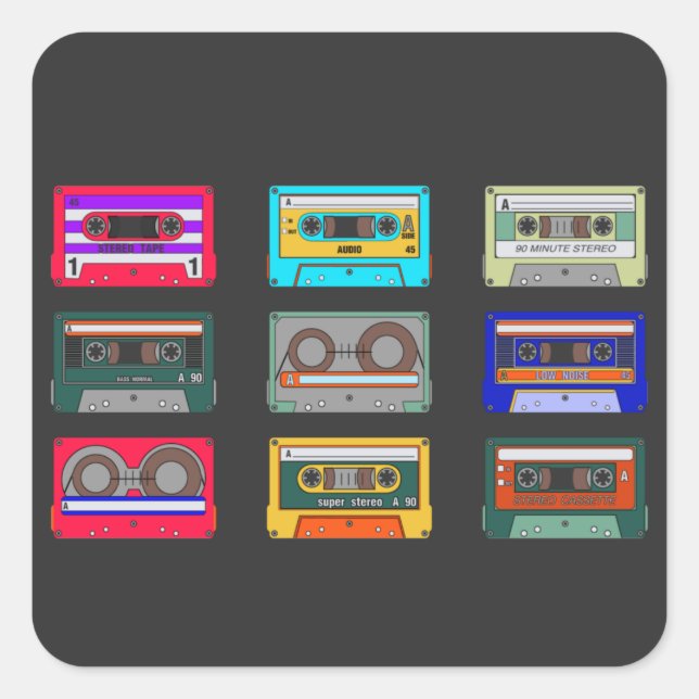 Retro Colourful Cassettes 80's Nostalgia Square Sticker (Front)