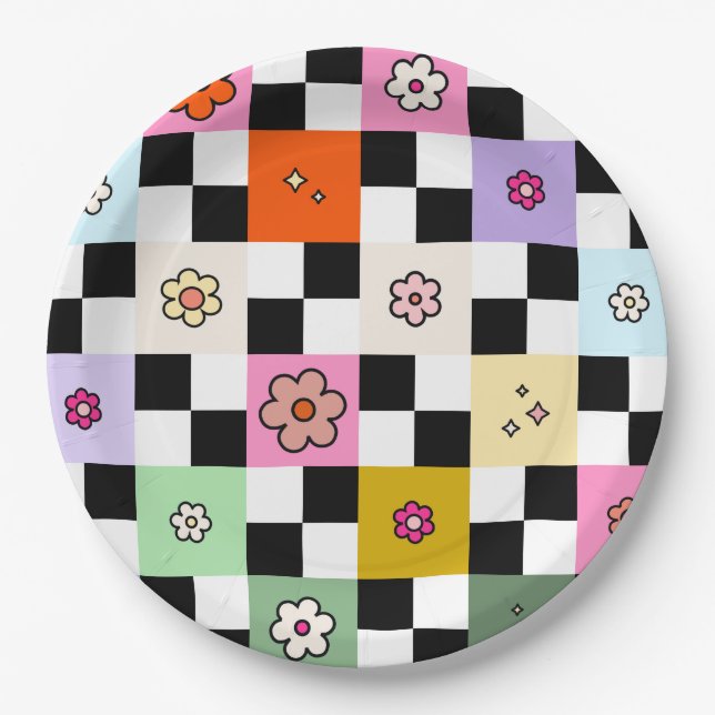 Retro Colourful Chequered Daisies Flower Check Paper Plate (Front)