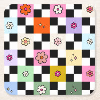 Retro Colourful Chequered Daisies Flower Check