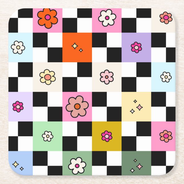 Retro Colourful Chequered Daisies Flower Check Square Paper Coaster (Front)