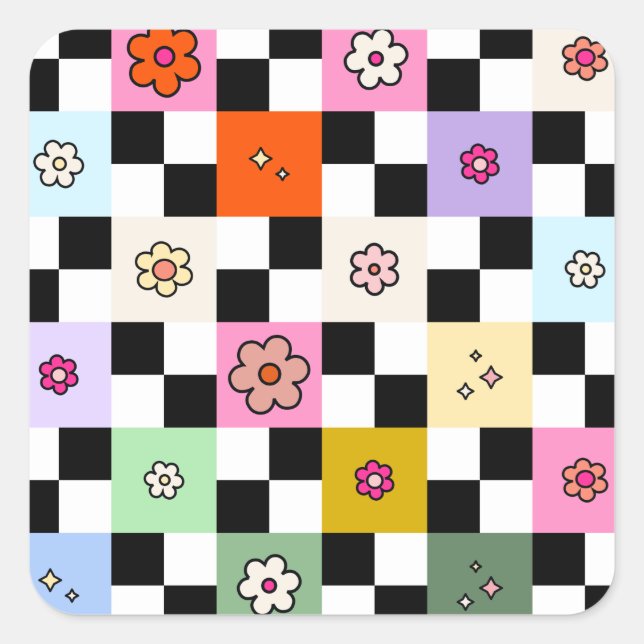 Retro Colourful Chequered Daisies Flower Check Square Sticker (Front)