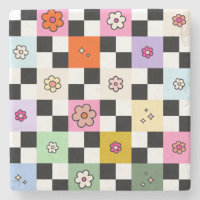 Retro Colourful Chequered Daisies Flower Check