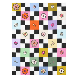 Retro Colourful Chequered Daisies Flower Check Tablecloth