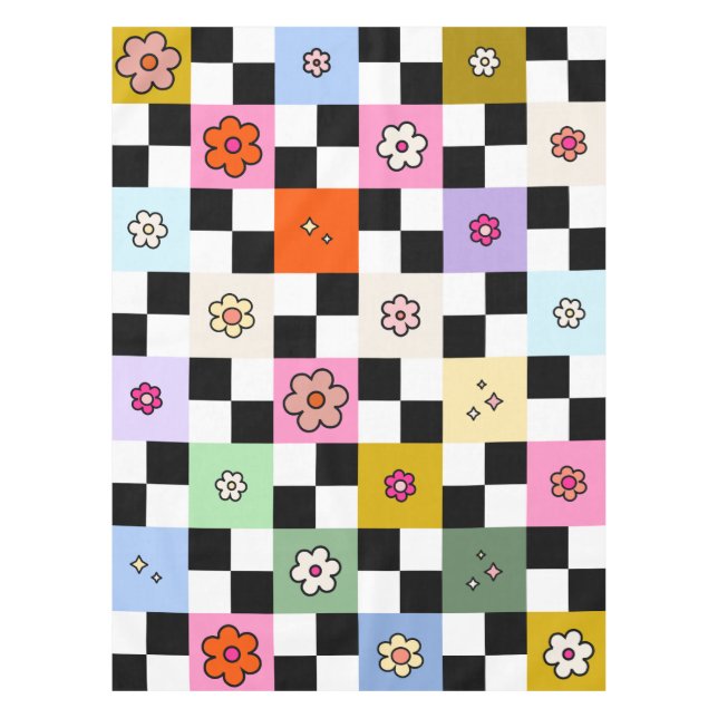Retro Colourful Chequered Daisies Flower Check Tablecloth (Front)