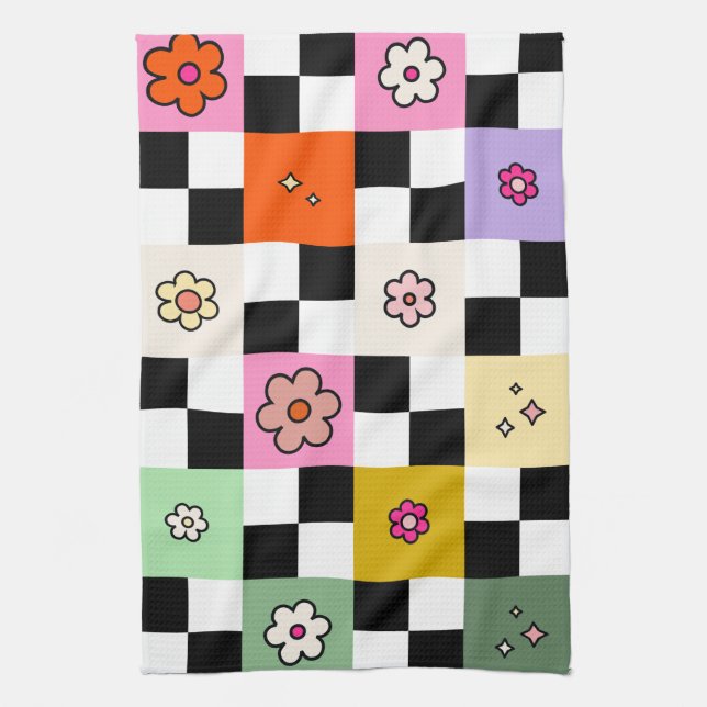Retro Colourful Chequered Daisies Flower Check Tea Towel (Vertical)