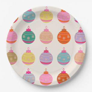 Retro Colourful Christmas Baubles Paper Plate