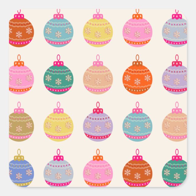 Retro Colourful Christmas Baubles Square Sticker (Front)