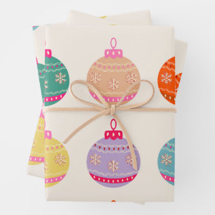 Retro Colourful Christmas Baubles Wrapping Paper Sheet