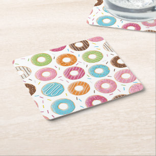 Retro Colourful Doughnuts Pattern Minimalist Fun P Square Paper Coaster