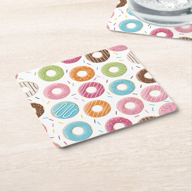 Retro Colourful Doughnuts Pattern Minimalist Fun P Square Paper Coaster (Angled)