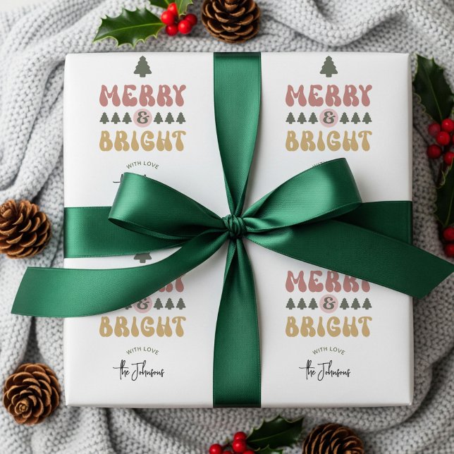 Retro Colourful Family Name Merry & Bright Festive Wrapping Paper (Trendy retro Merry & Bright Gift Wrapping Paper with your custom name)