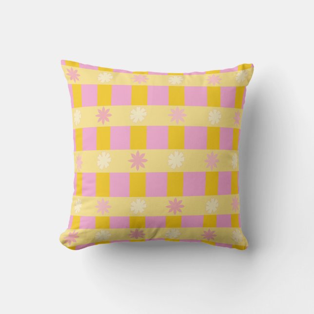 Retro Colourful Floral Chequerboard Pattern Cushion (Front)
