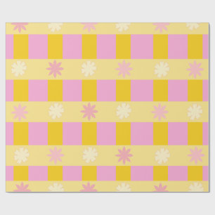 Retro Colourful Floral Chequerboard Pattern Wrapping Paper