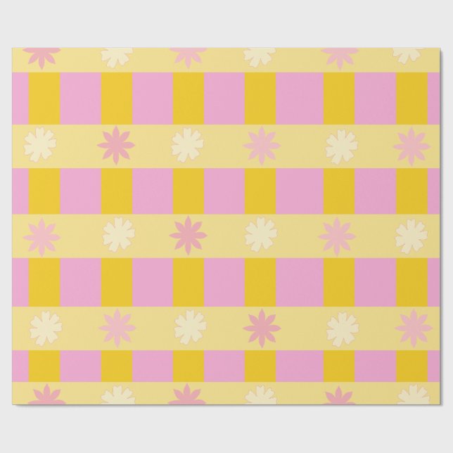 Retro Colourful Floral Chequerboard Pattern Wrapping Paper (Flat)