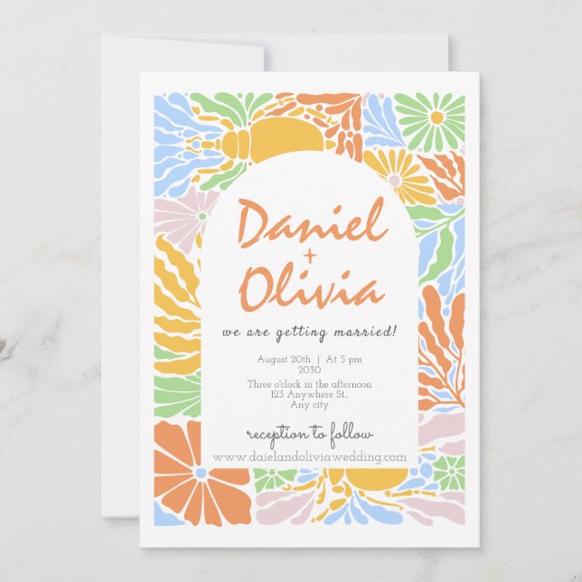 Retro Colourful Floral Frame Wedding Invitation (Front)