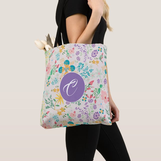 Retro Colourful Floral Monogram All-Over Tote Bag (Close Up)