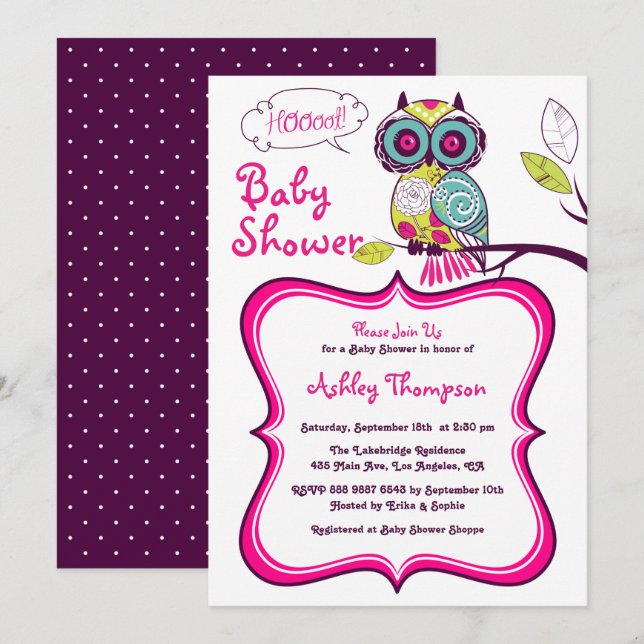 Retro Colourful Floral Owl Spring Baby Shower Invitation (Front/Back)