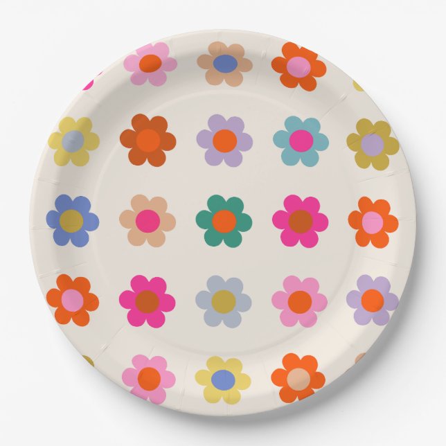 Retro Colourful Floral Preppy Abstract Flowers Paper Plate (Front)