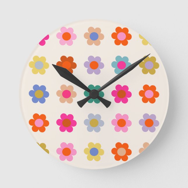Retro Colourful Floral Preppy Abstract Flowers Round Clock (Front)