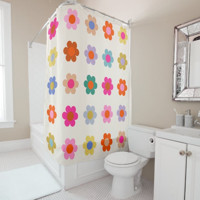 Retro Colourful Floral Preppy Abstract Flowers Shower Curtain (In Situ)