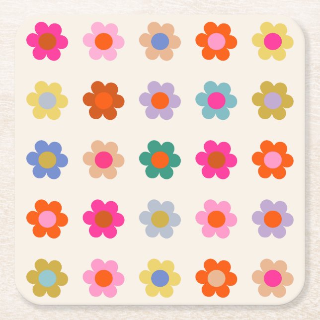 Retro Colourful Floral Preppy Abstract Flowers Square Paper Coaster (Front)