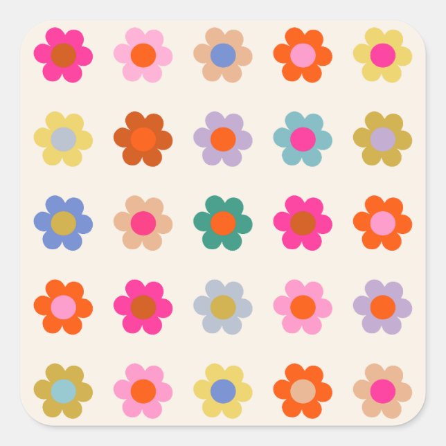 Retro Colourful Floral Preppy Abstract Flowers Square Sticker (Front)
