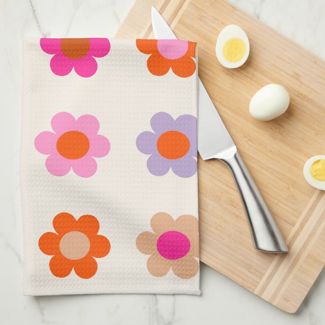 Retro Colourful Floral Preppy Abstract Flowers Tea Towel (Quarter Fold)