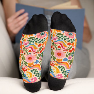 Retro Colourful Floral Watercolour Crew Socks