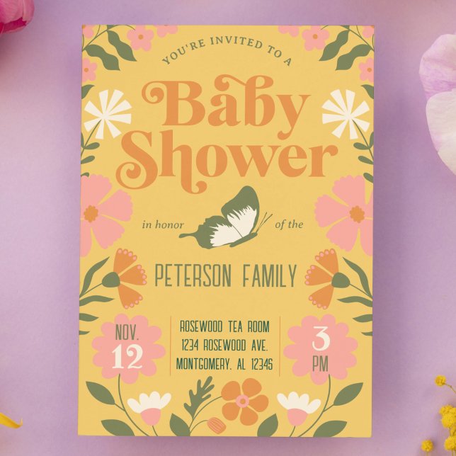 Retro Colourful Flower Garden Baby Shower Invitation (retro 70s garden flower baby shower invitation modern butterfly floral design hippy flowers)