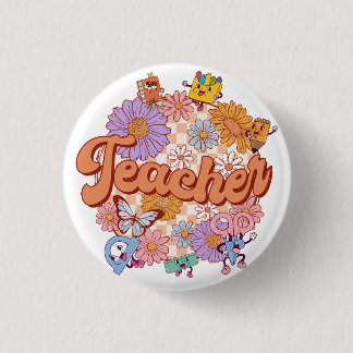Retro colourful flower teacher button