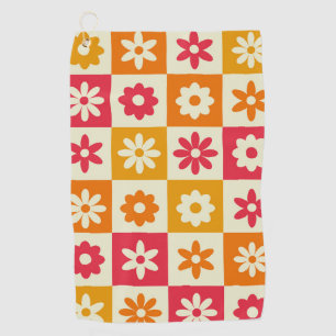 Retro colourful Flowers on Checkerboards Golf Towel