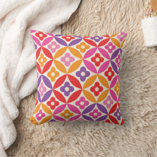 Retro Colourful  Flowers on Mid Century Circles  Cushion