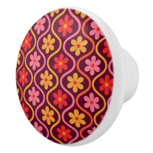 Retro Colourful Flowers on Vintage Ogee Pattern Ceramic Knob