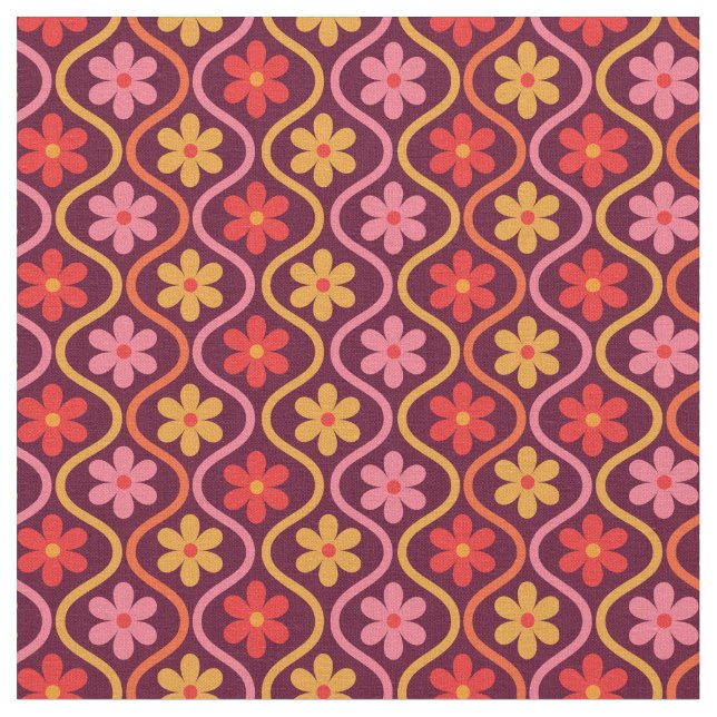 Retro Colourful Flowers on Vintage Ogee Pattern Fabric (Close Up)
