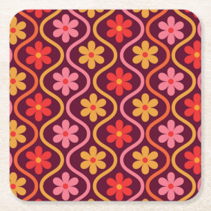 Retro Colourful Flowers on Vintage Ogee Pattern Square Paper Coaster