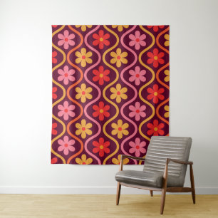 Retro Colourful Flowers on Vintage Ogee Pattern Tapestry