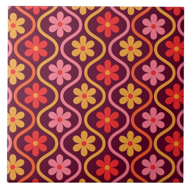 Retro Colourful Flowers on Vintage Ogee Pattern  Tile (Front)