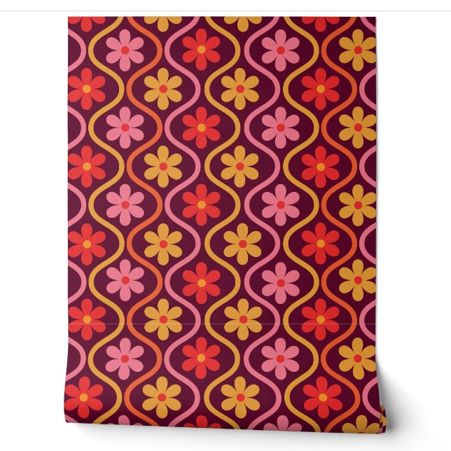 Retro Colourful Flowers on Vintage Ogee Pattern Wallpaper (Unrolling)