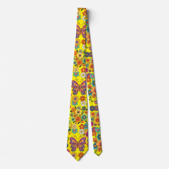 Retro colourful flowers pattern. B Yellow BG Tie (Front)