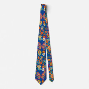 Retro colourful flowers pattern. Blue BG Tie