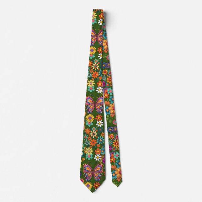 Retro colourful flowers pattern. D Green BG Tie (Front)