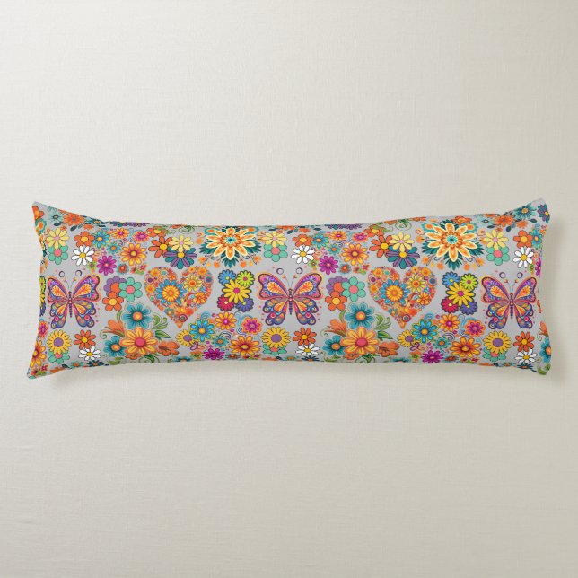 Retro colourful flowers pattern. L Grey BG Body Cushion (Front)