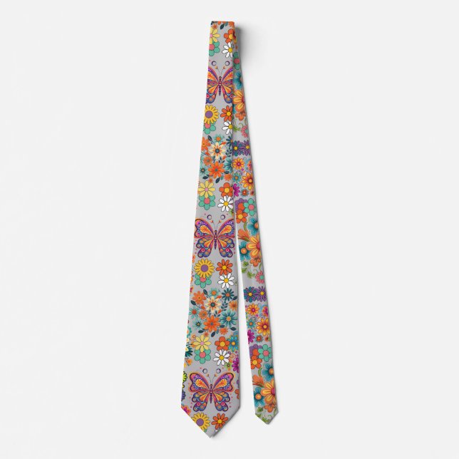 Retro colourful flowers pattern. L Grey BG Tie (Front)
